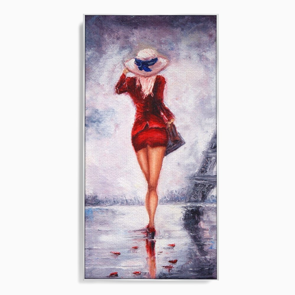 Tablou canvas cu pictura cu femeie in rochie rosie, in rama de aluminiu argintiu
